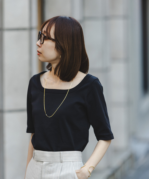 Noble(ノーブル)の「《追加》スビンコットンソフトスクエアーネックTシャツ(Tシャツ/カットソー・レディース・ピンク/ネイビー/ホワイト/ブラック・FREE)」の5枚目の写真