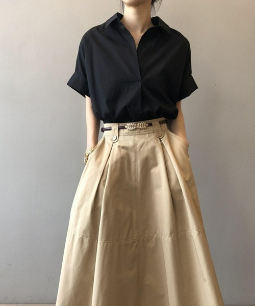 SEU(エスイーユー)の「レディース ハーフスリーブシャツ スキッパーネックブラウス 韓国風(シャツ/ブラウス・レディース・ブラック/ベージュ/ホワイト・フリー)」の11枚目の写真