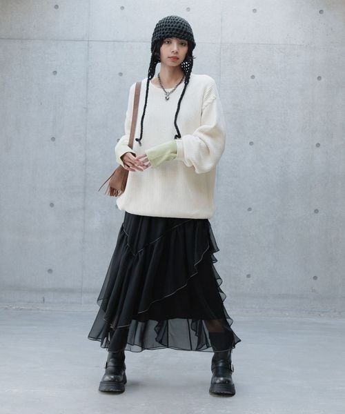 PAGEBOY（ページボーイ）の「サンドビンテージニットプルオーバー（ニット/セーター・レディース・チャコールグレー/オフホワイト/オレンジ・FREE）」の4枚目の写真