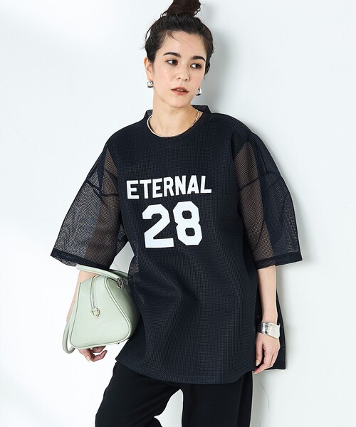 Rie Miller（リエミラー）の「ダンボールメッシュプリントTシャツ（Tシャツ/カットソー・レディース・ホワイト/ネイビー・38）」の2枚目の写真