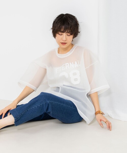 Rie Miller（リエミラー）の「ダンボールメッシュプリントTシャツ（Tシャツ/カットソー・レディース・ホワイト/ネイビー・38）」の7枚目の写真