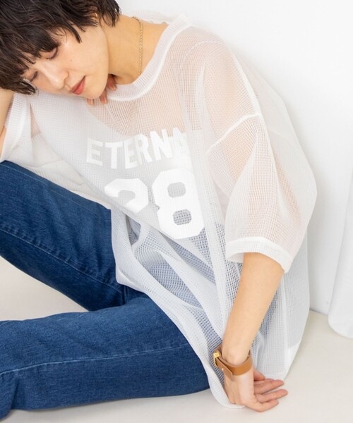 Rie Miller（リエミラー）の「ダンボールメッシュプリントTシャツ（Tシャツ/カットソー・レディース・ホワイト/ネイビー・38）」の6枚目の写真