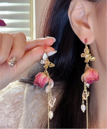 リアルローズドライフラワー風バタフライロングチェーンピアス