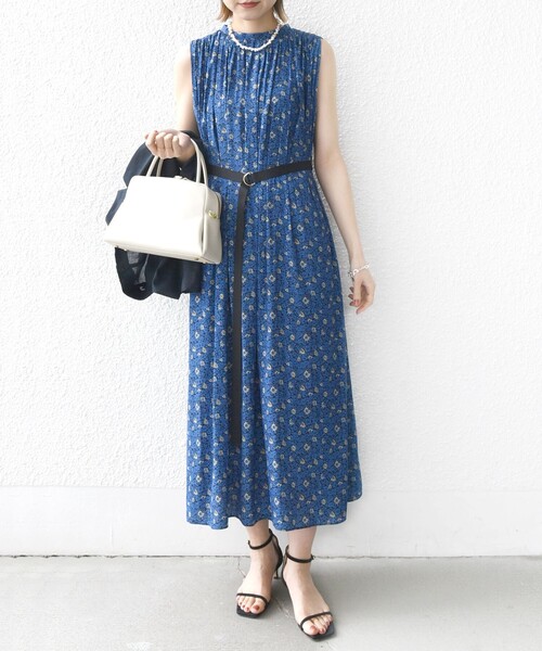 手洗い可能〉割繊 フラワー プリント ノースリーブ ワンピース