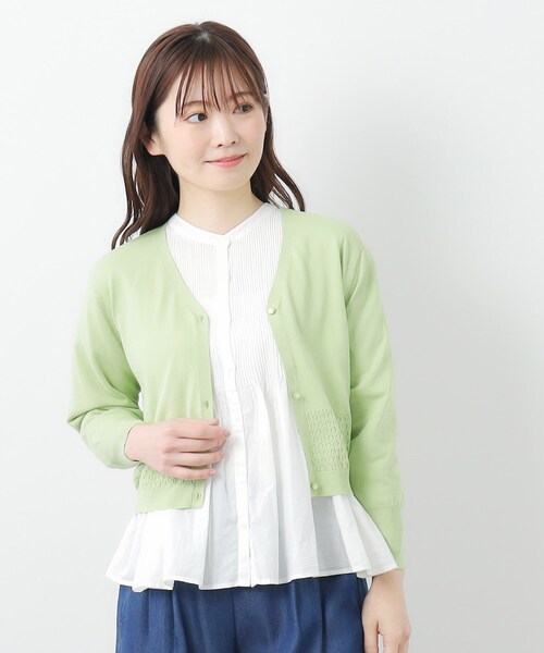 LAURA ASHLEY(ローラアシュレイ)の「【コットンシルク混/7分袖】透かし編みVネックカーディガン(カーディガン/ボレロ・レディース・ネイビー/オフホワイト/グリーン・40/38)」の8枚目の写真