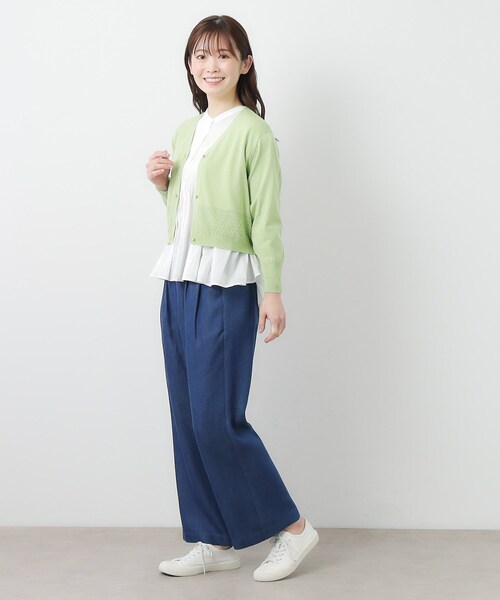 LAURA ASHLEY / ローラ アシュレイ 【コットンシルク混／7分袖】透かし編みVネックカーディガン コットンシルク混／7分袖】透かし編みVネックカーディガン