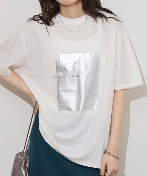 mitis(ミティス)の「mitis 冷感カノコ 箔プリントTシャツ(Tシャツ/カットソー・レディース・ホワイト×シルバー/ホワイト×ゴールド/ブラック×シルバー・M)」の5枚目の写真