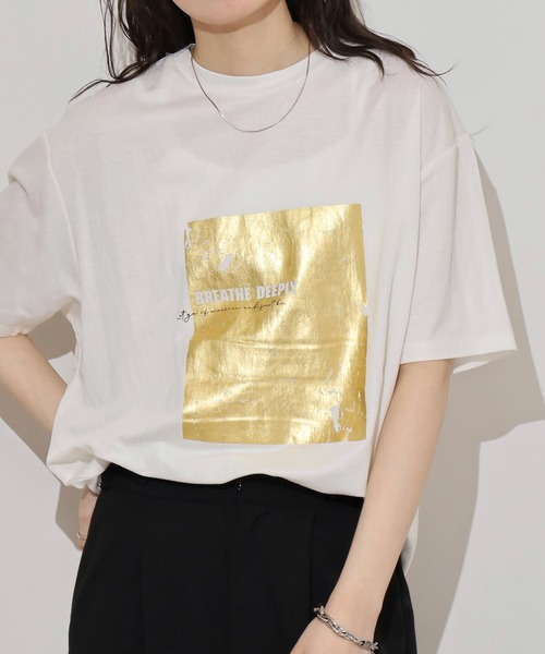 mitis(ミティス)の「mitis 冷感カノコ 箔プリントTシャツ(Tシャツ/カットソー・レディース・ホワイト×シルバー/ホワイト×ゴールド/ブラック×シルバー・M)」の22枚目の写真