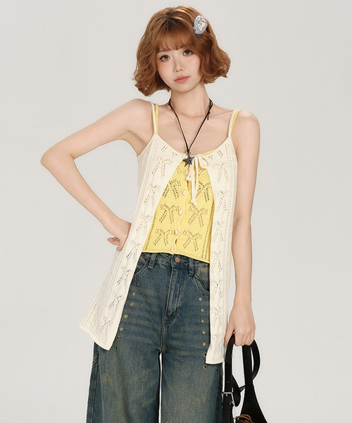 tシャツ 透かしリボン レイヤードデザイン キャミソールニットトップス GH25s069「Girlyhalo」 レディース セール】透かしリボン レイヤードデザイン キャミソールニット