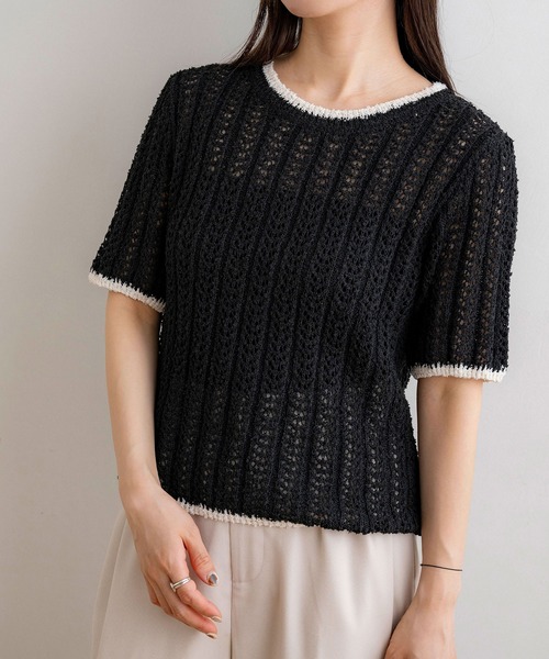 NOAHL（ノアル）の「【NOAHL】配色サマーニットT（Tシャツ/カットソー・レディース・ブラック/グレイッシュベージュ/アイボリー・FREE）」の2枚目の写真