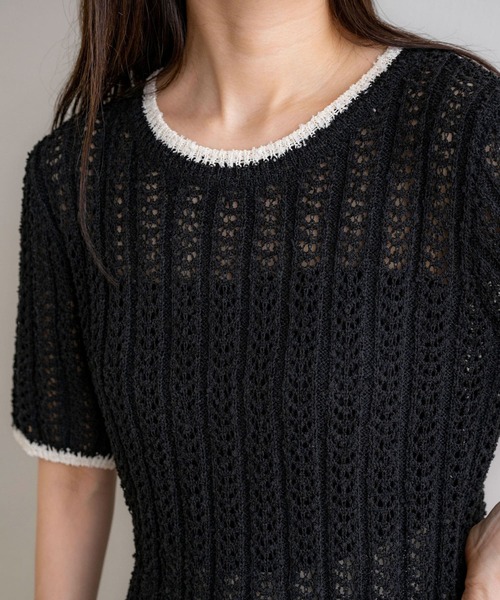 NOAHL（ノアル）の「【NOAHL】配色サマーニットT（Tシャツ/カットソー・レディース・ブラック/グレイッシュベージュ/アイボリー・FREE）」の5枚目の写真