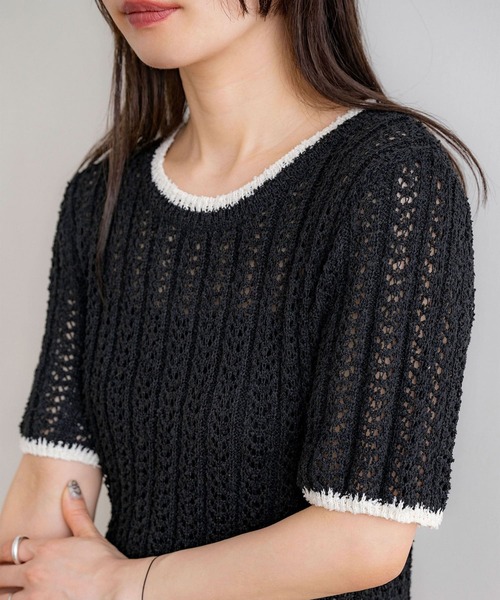 NOAHL（ノアル）の「【NOAHL】配色サマーニットT（Tシャツ/カットソー・レディース・ブラック/グレイッシュベージュ/アイボリー・FREE）」の11枚目の写真