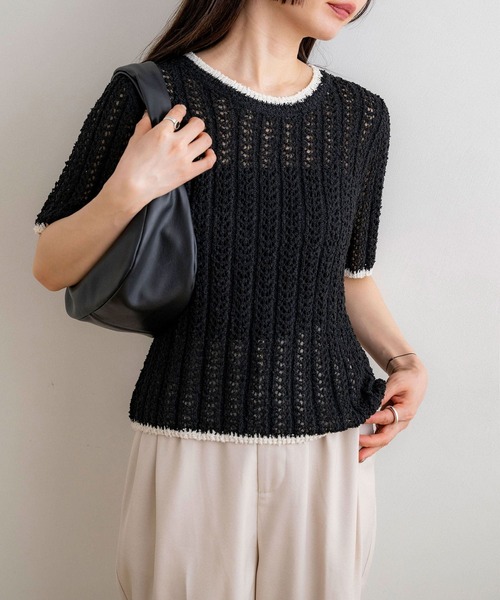 NOAHL（ノアル）の「【NOAHL】配色サマーニットT（Tシャツ/カットソー・レディース・ブラック/グレイッシュベージュ/アイボリー・FREE）」の12枚目の写真