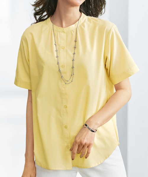 BELLUNA PLUS(ベルーナ)の「ギャザー使いバンドカラーブラウス(シャツ/ブラウス・レディース・サックスブルー/ストライプ/ネイビー/ピンク/グレー系/イエロー/セージグリーン・MEDIUM/LARGE/X-LARGE)」の5枚目の写真