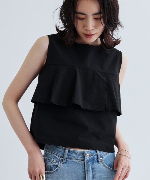 GALLEST（ギャレスト）の「【セットアップ可能】ストライプサッカーフリルブラウス【洗える/カセット服】（シャツ/ブラウス・レディース・ブラック/ブラウン系その他・38）」の12枚目の写真