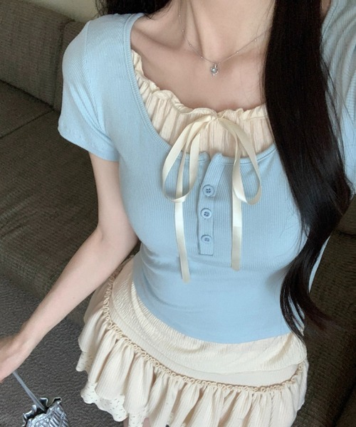almo(アルモ)の「バイカラーレイヤード風半袖トップス / カットソー(BQ)(Tシャツ/カットソー・レディース・アイボリー/グレー/ブルー/ブラック・FREE)」の4枚目の写真