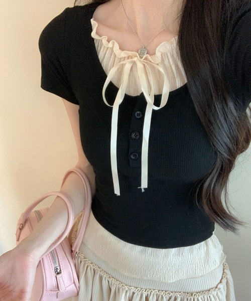 almo(アルモ)の「バイカラーレイヤード風半袖トップス / カットソー(BQ)(Tシャツ/カットソー・レディース・アイボリー/グレー/ブルー/ブラック・FREE)」の3枚目の写真