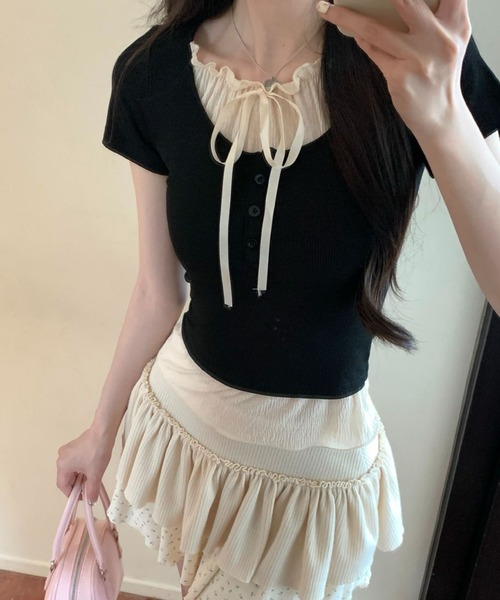 almo(アルモ)の「バイカラーレイヤード風半袖トップス / カットソー(BQ)(Tシャツ/カットソー・レディース・アイボリー/グレー/ブルー/ブラック・FREE)」の10枚目の写真