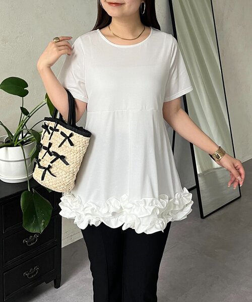 prose verse(プロズヴェール)の「裾フリルペプラムTシャツ(Tシャツ/カットソー・レディース・ブラック/オフホワイト・MEDIUM/LARGE)」の1枚目の写真