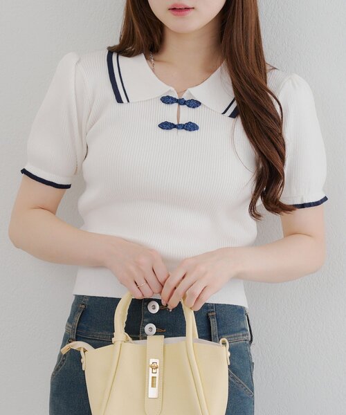 Another Branch olive des olive（アナザーブランチオリーブデオリーブ）の「チャイナポロニット（Tシャツ/カットソー・レディース・ネイビー/アイボリー/トップグレー・FREE）」の4枚目の写真