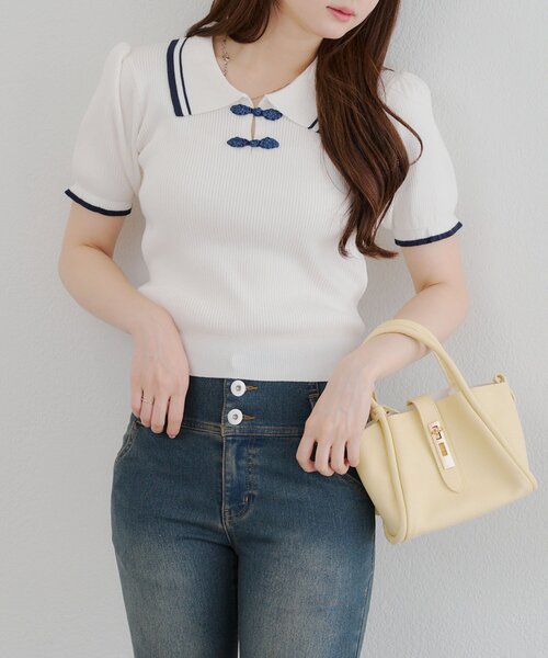 Another Branch olive des olive（アナザーブランチオリーブデオリーブ）の「チャイナポロニット（Tシャツ/カットソー・レディース・ネイビー/アイボリー/トップグレー・FREE）」の5枚目の写真