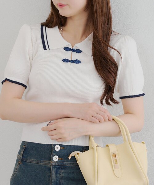 Another Branch olive des olive（アナザーブランチオリーブデオリーブ）の「チャイナポロニット（Tシャツ/カットソー・レディース・ネイビー/アイボリー/トップグレー・FREE）」の6枚目の写真