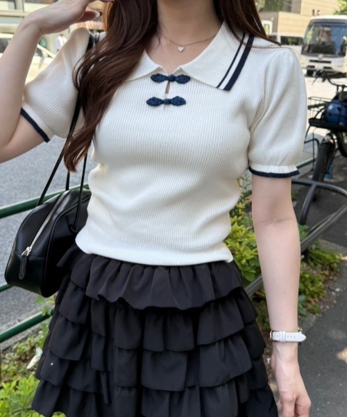 Another Branch olive des olive（アナザーブランチオリーブデオリーブ）の「チャイナポロニット（Tシャツ/カットソー・レディース・ネイビー/アイボリー/トップグレー・FREE）」の2枚目の写真