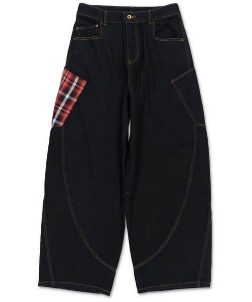 SPINNS（スピンズ）の「バルーンデニムパンツ/チェック/カーブ・バレルシルエット（デニムパンツ・メンズ・ネイビー系1/ネイビー系/ブラック×レッド・L/M）」の9枚目の写真