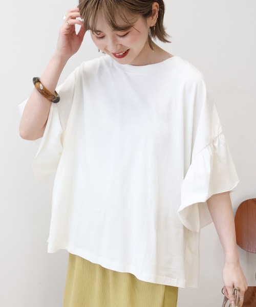 AMERICAN HOLIC（アメリカンホリック）の「袖フリル半袖プルオーバー（Tシャツ/カットソー・レディース・ピンク/モカ/ネイビー/オフホワイト・M/L）」の2枚目の写真