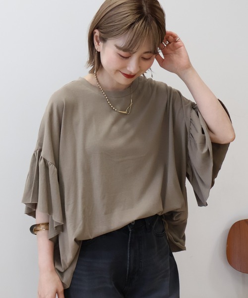 AMERICAN HOLIC（アメリカンホリック）の「袖フリル半袖プルオーバー（Tシャツ/カットソー・レディース・ピンク/モカ/ネイビー/オフホワイト・M/L）」の3枚目の写真