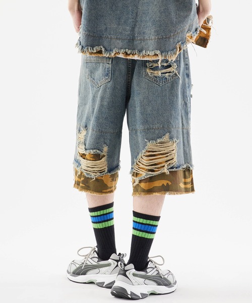 ダメージ ハーフパンツ ルーズ 切替 七分丈 デニム 迷彩 cr9666 Damaged camouflage half denim pants/迷彩デザイン ダメージ