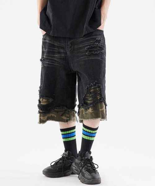 ダメージ ハーフパンツ ルーズ 切替 七分丈 デニム 迷彩 cr9666 Damaged camouflage half denim pants/迷彩デザイン ダメージ