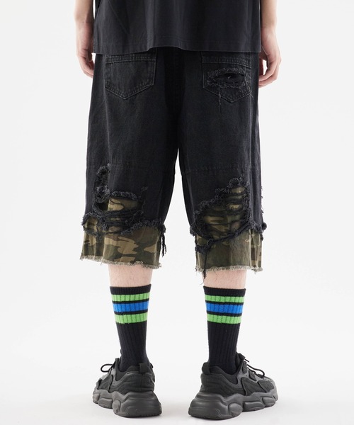 ダメージ ハーフパンツ ルーズ 切替 七分丈 デニム 迷彩 nr9666 Damaged camouflage half denim pants/迷彩デザイン ダメージ