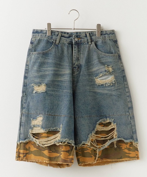 ダメージ ハーフパンツ ルーズ 切替 七分丈 デニム 迷彩 cr9666 Damaged camouflage half denim pants/迷彩デザイン ダメージ