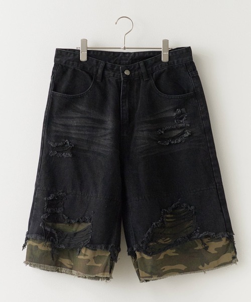 Damaged camouflage half denim pants/迷彩デザイン ダメージ
