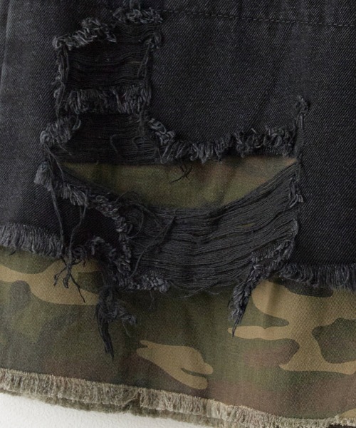 Damaged camouflage half denim pants/迷彩デザイン ダメージ