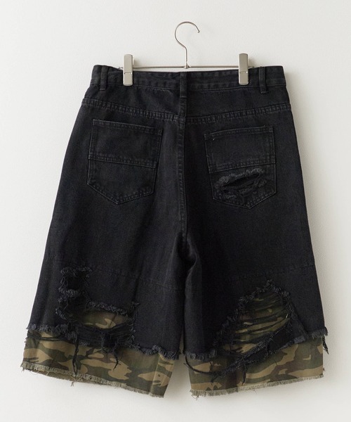 ダメージ ハーフパンツ ルーズ 切替 七分丈 デニム 迷彩 nr9666 Damaged camouflage half denim pants/迷彩デザイン ダメージ