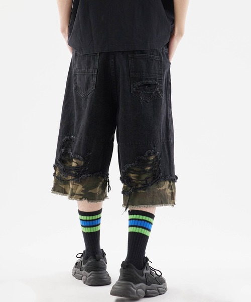 ダメージ ハーフパンツ ルーズ 切替 七分丈 デニム 迷彩 cr9666 Damaged camouflage half denim pants/迷彩デザイン ダメージ