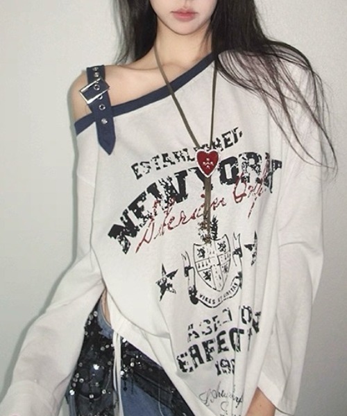 セール】Y2Kムード香る アシンメトリーショルダー×ドローストリングT
