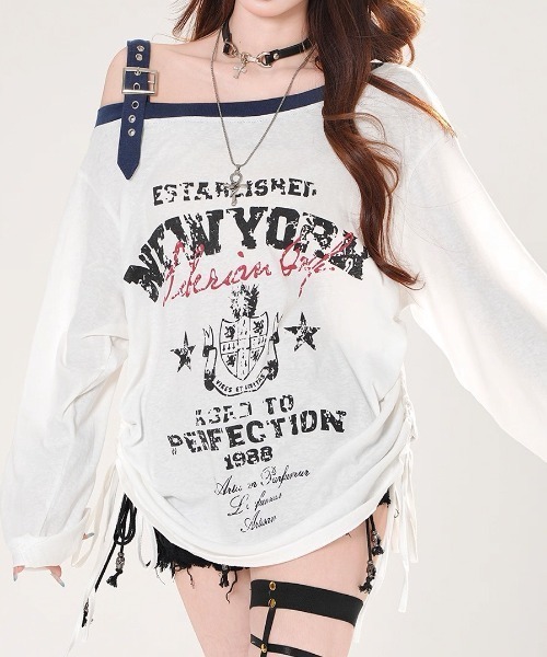 セール】Y2Kムード香る アシンメトリーショルダー×ドローストリングT