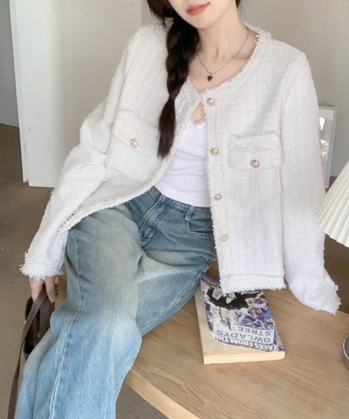REMUR(レミュール)の「ツイードジャケット(ノーカラージャケット・レディース・サックスブルー/ピンク/アイボリー・M/L)」の8枚目の写真