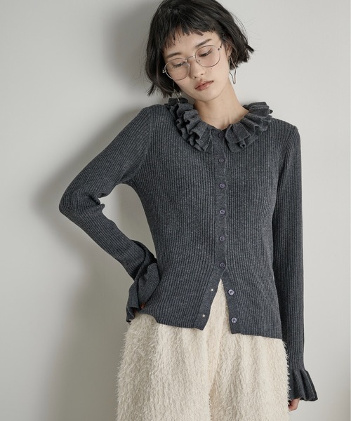 フリルカラーリブニットカーディガン（カーディガン/ボレロ）｜THE YOn