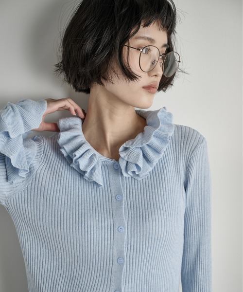 フリルカラーリブニットカーディガン（カーディガン/ボレロ）｜THE YOn