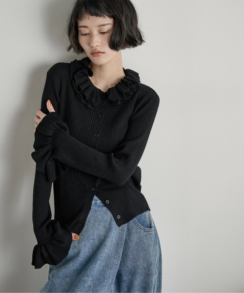 フリルカラーリブニットカーディガン（カーディガン/ボレロ）｜THE YOn