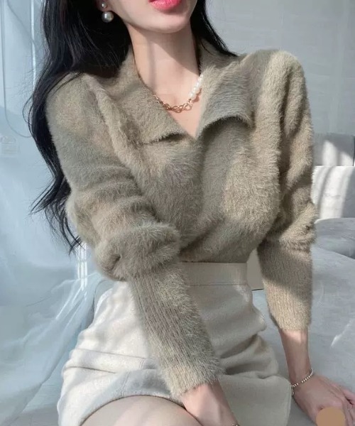 ampm（エーエムピーエム）の「シャギーニットカラープルオーバー（ニット/セーター・レディース・オフホワイト/ベージュ/グリーン・FREE）」の2枚目の写真