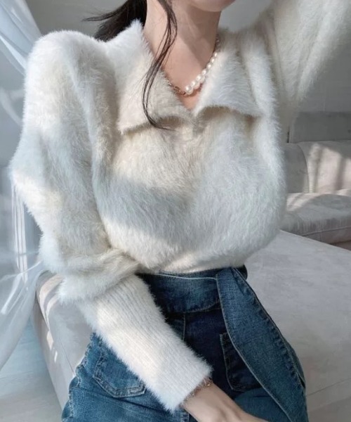 ampm（エーエムピーエム）の「シャギーニットカラープルオーバー（ニット/セーター・レディース・オフホワイト/ベージュ/グリーン・FREE）」の5枚目の写真