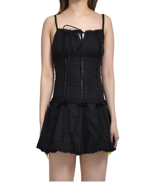 NODRESS BLACK LACE TRIM PLEATED COTTON DRESS（ドレス）｜Nodress