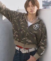 SPINNS | 【内田金吾くん着用】短丈ダブルジップパーカー/クロスロゴ/カモフラージュ/ショート丈(パーカー)