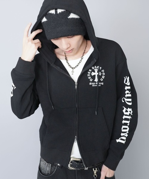 短丈ダブルジップパーカー/クロスロゴ/カモフラージュ/ショート丈