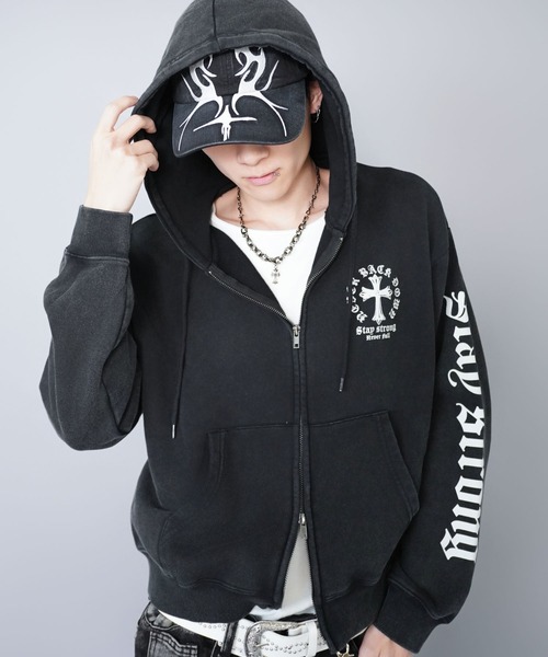 短丈ダブルジップパーカー/クロスロゴ/カモフラージュ/ショート丈